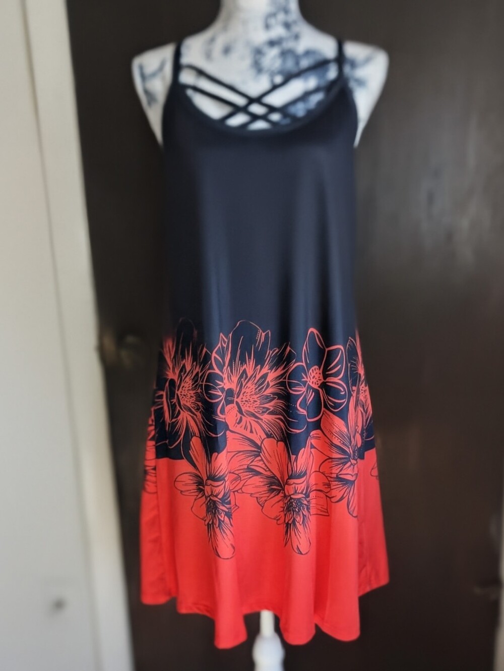 Black Strappy Sundress with Red Floral Hem